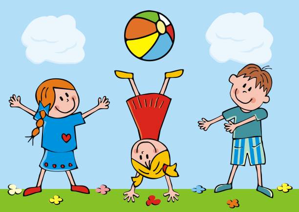 Three little kids with beach ball on meadow, humorous vector illustration